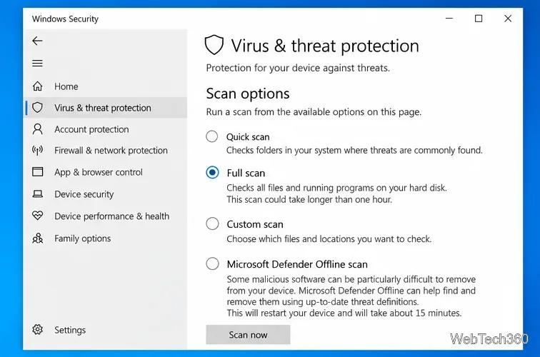 В разделе «Безопасность Windows» в Windows 10 представлены параметры сканирования на вирусы и угрозы, включая полное сканирование и автономное сканирование Defender.