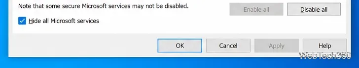 Крупный план элементов управления настройками системы Windows 10 для параметров «Скрыть все службы Microsoft» и «Отключить все службы при чистой загрузке».