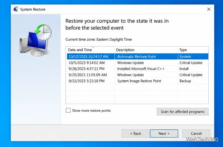 Мастер восстановления системы Windows 10 отображает список доступных точек восстановления и выполняет сканирование на наличие затронутых программ.
