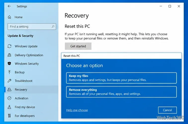 В настройках восстановления Windows 10 отображается опция «Сбросить этот ПК» с параметрами «Сохранить мои файлы» и «Удалить все».