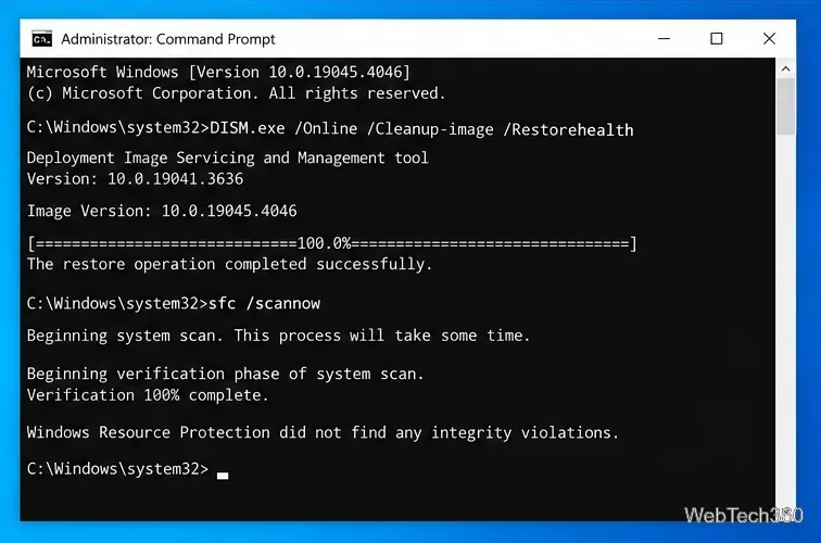 В командной строке Windows 10 от имени администратора отображается команда DISM RestoreHealth, за которой следует sfc scannow.