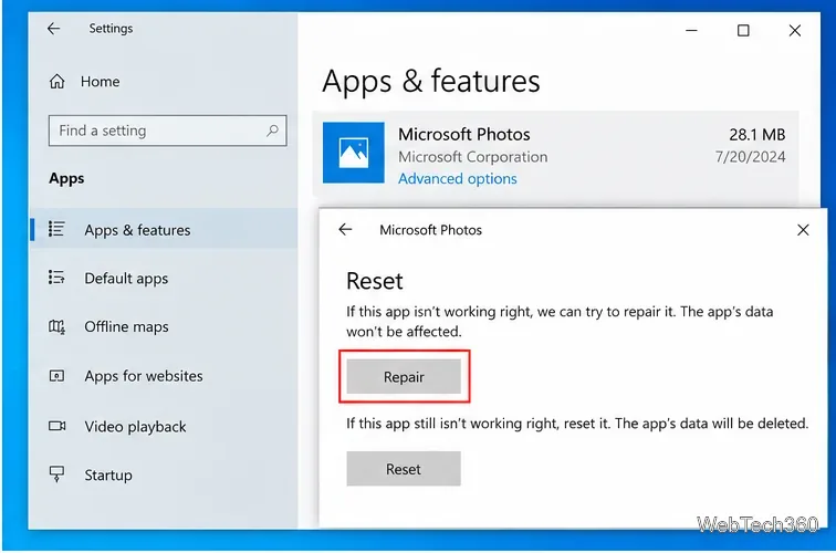 Страница «Приложения и функции» Windows 10 с расширенными параметрами Microsoft Photos, отображающими элементы управления «Восстановление» и «Сброс».
