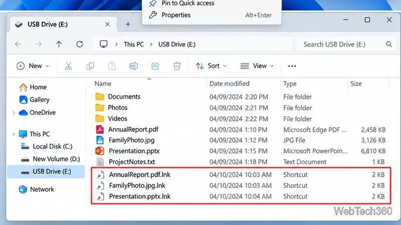 Windowsのエクスプローラーで、USBドライブ上の疑わしいLNKショートカットファイルの上に復元されたドキュメントとフォルダーが表示される。