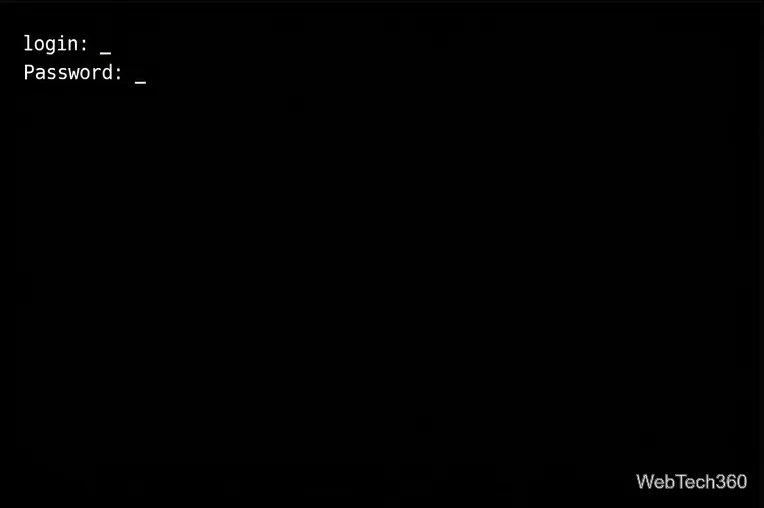 Console virtuelle Linux en mode texte affichant les invites de connexion et de mot de passe