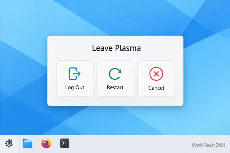 Plasma Leave Plasma dialog with Log Out, Restart, and Cancel options.