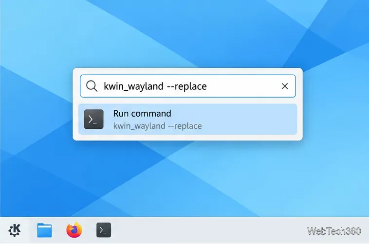 KRunner showing the Wayland command kwin_wayland --replace ready to run.
