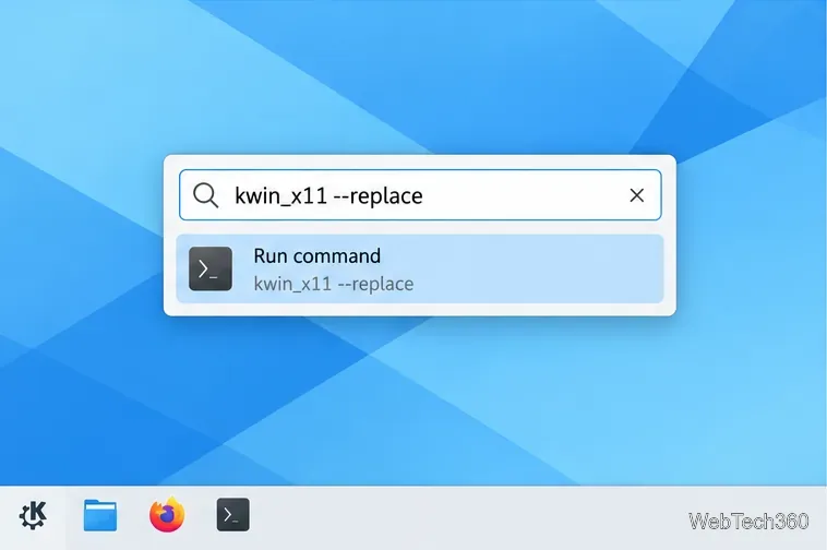 KRunner showing the X11 command kwin_x11 --replace ready to run.