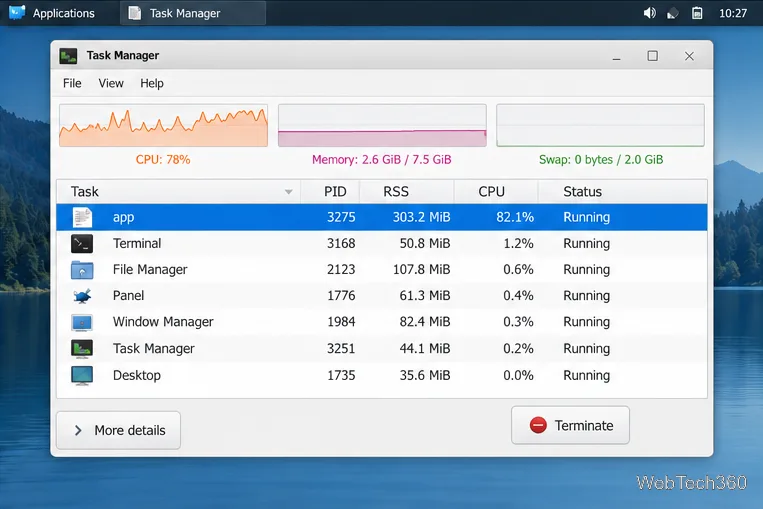 Xfce-style Task Manager with one application selected and a Terminate control
