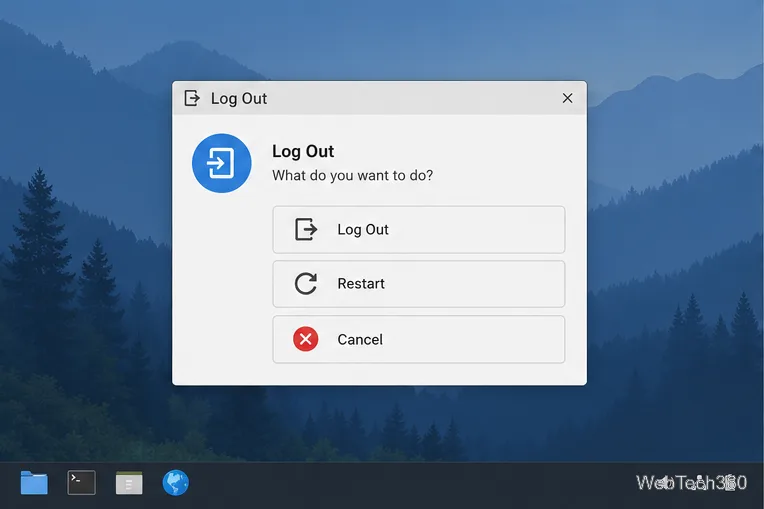 Xfce session logout dialog with Log Out, Restart, and Cancel choices