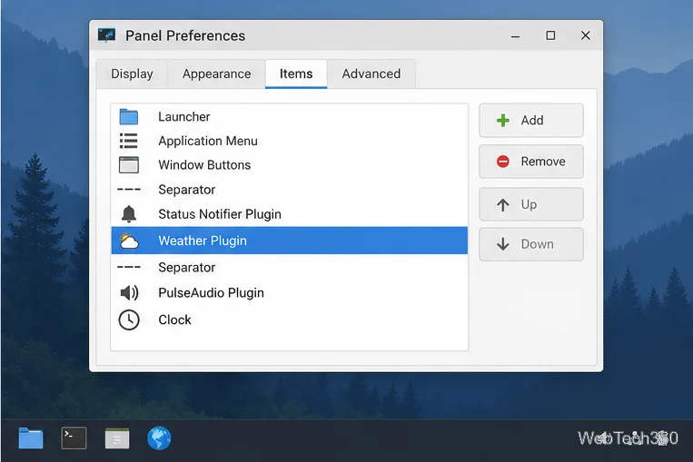 Xfce Panel Preferences on the Items tab with a weather plugin selected and a Remove button