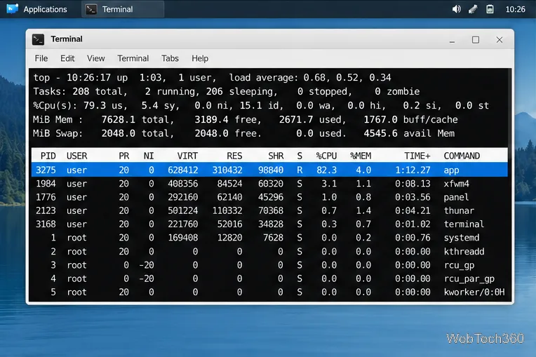 Terminal running top with one application using more CPU than other listed processes