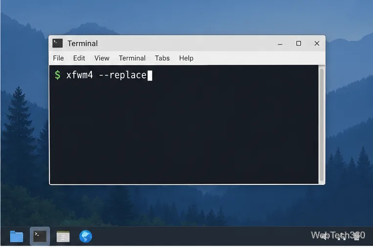 Xfce terminal with xfwm4 --replace entered at the prompt