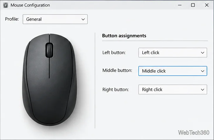 O fereastră generică de configurare a mouse-ului cu butonul din mijloc atribuit clicului din mijloc.