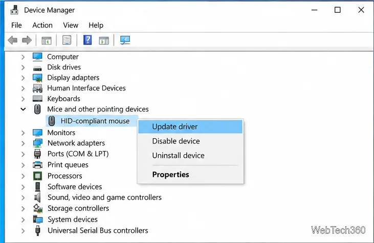Manager dispozitive în Windows 10 cu opțiunile Mouse și alte dispozitive de indicare extinse și Actualizare driver evidențiată pentru un mouse compatibil HID.