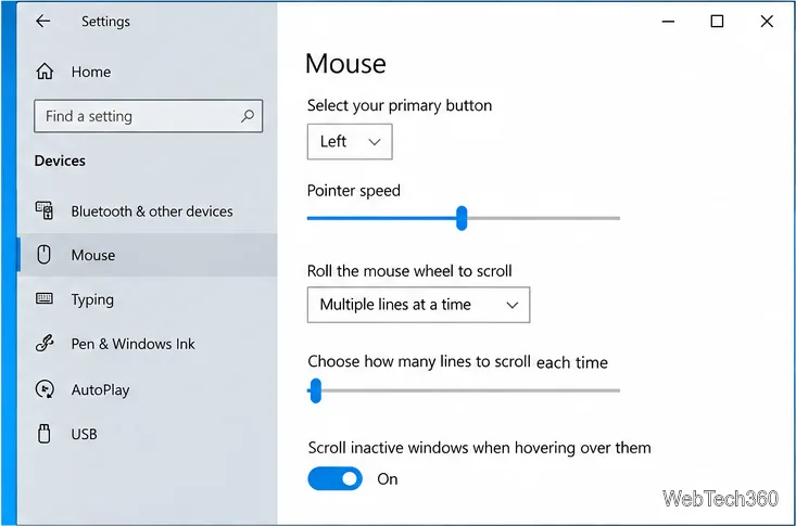 Setările pentru dispozitive și mouse Windows 10 afișează viteza indicatorului și comenzile de derulare cu rotița.