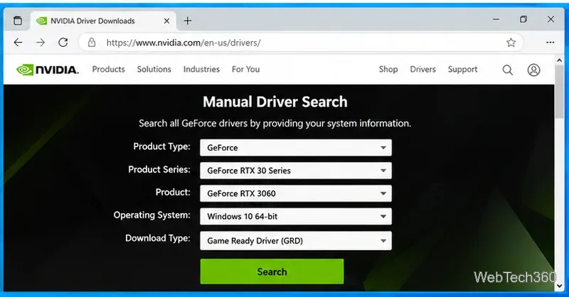 NVIDIA manual driver search page with a GeForce GPU and Windows 10 selected