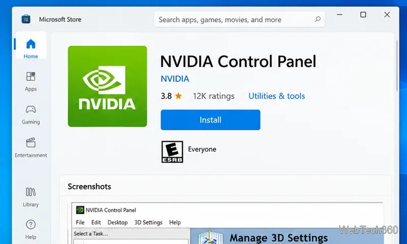 Microsoft Store page for NVIDIA Control Panel with the Install button visible
