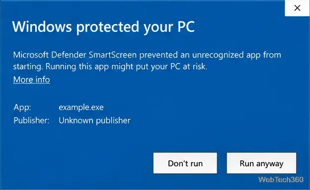 Expanded Windows protected your PC SmartScreen dialog showing an unknown publisher and the Run anyway button