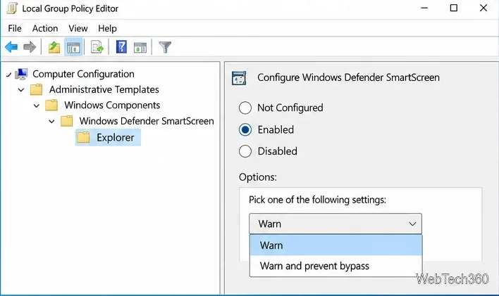 Local Group Policy Editor showing Configure Windows Defender SmartScreen enabled with Warn selected instead of Warn and prevent bypass