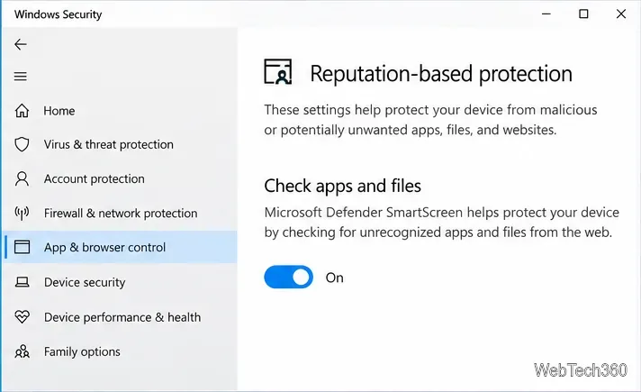 Windows Security Reputation-based protection settings showing Check apps and files switched On