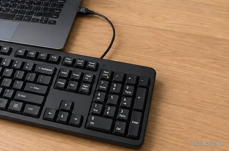 Pełnowymiarowa klawiatura USB z klawiaturą numeryczną podłączona do laptopa w celu przeprowadzenia testu izolacji sprzętu.