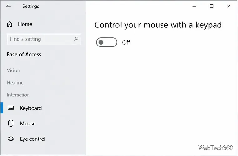 Ustawienia ułatwień dostępu systemu Windows 10 wyświetlające opcję Kontroluj mysz przy wyłączonej klawiaturze.