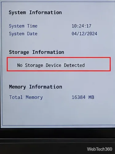 UEFI system information screen reporting that no storage device is detected