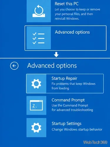 Windows Recovery Environment showing Advanced options and Startup Repair