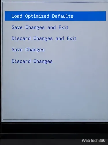 UEFI Exit menu highlighting Load Optimized Defaults