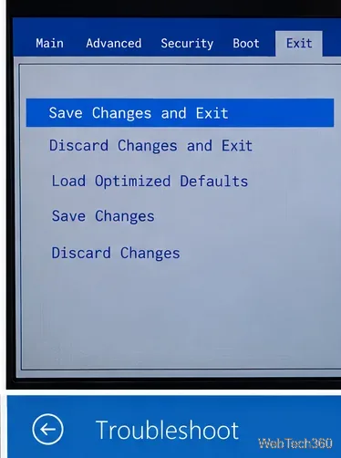 UEFI Exit menu with Save Changes and Exit selected