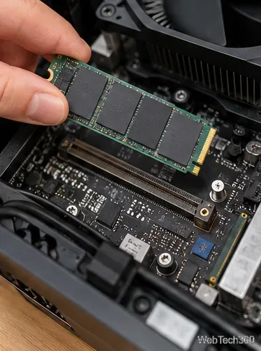 M.2 NVMe SSD being seated in a desktop motherboard slot