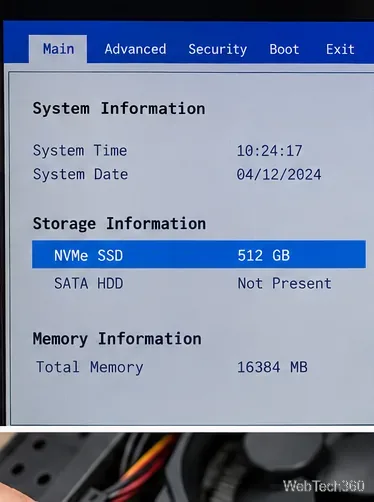 UEFI system information screen showing a detected NVMe SSD
