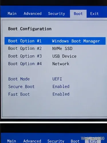 UEFI boot configuration with Windows Boot Manager set as Boot Option 1