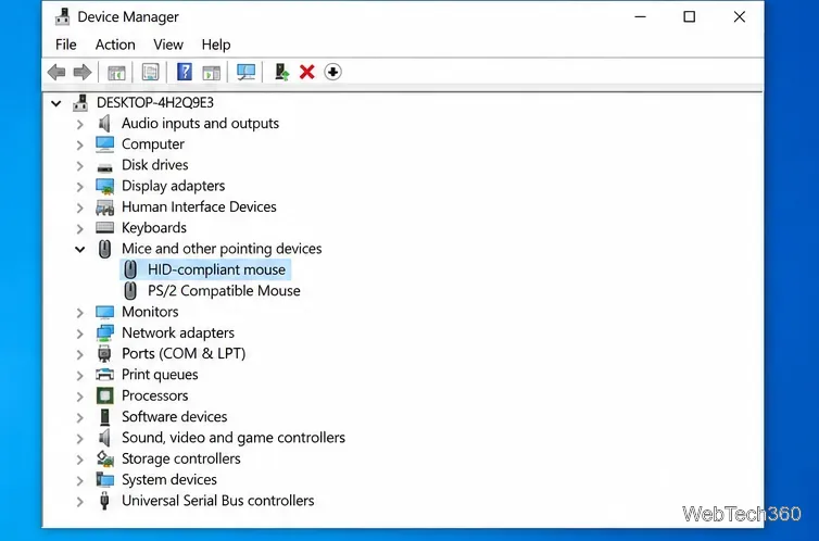 В диспетчере устройств Windows 10 развернуты разделы «Мыши и другие указывающие устройства», и выбрана мышь, совместимая с HID.