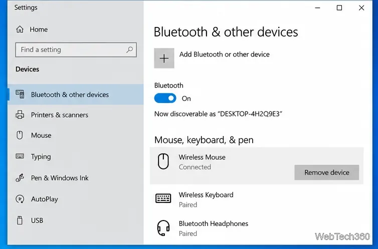 В настройках Bluetooth и других устройств Windows 10 отображается подключенная беспроводная мышь.