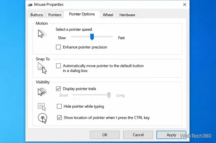 В Windows 10 вкладка «Свойства мыши», вкладка «Параметры указателя» с элементами управления «Скорость указателя» и «Повышение точности указателя».