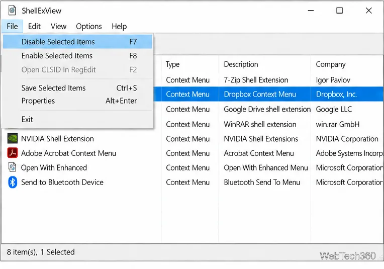 ShellExView File menu highlighting Disable Selected Items for one selected context-menu extension