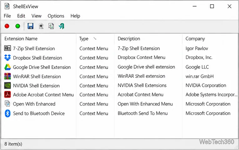 ShellExView extension table sorted by the Type column with Context Menu rows grouped together