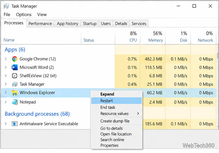 Windows 10 Task Manager Processes tab with Windows Explorer selected and the Restart command visible