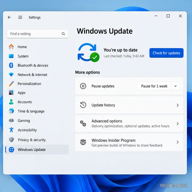 Paramètres de Windows 11 sur la page Windows Update avec l'option « Rechercher des mises à jour » visible.