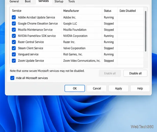 Onglet Services de la Configuration système, avec les options « Masquer tous les services Microsoft » et « Désactiver tous les services visibles » cochées.