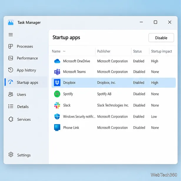 Onglet Applications de démarrage du Gestionnaire des tâches avec une application activée sélectionnée et l'option Désactiver disponible.