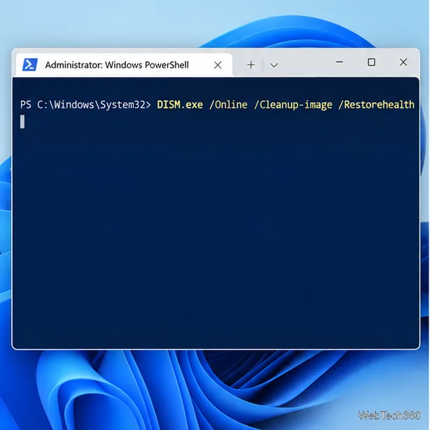 Un terminal Windows avec privilèges élevés affichant la commande de réparation DISM RestoreHealth.