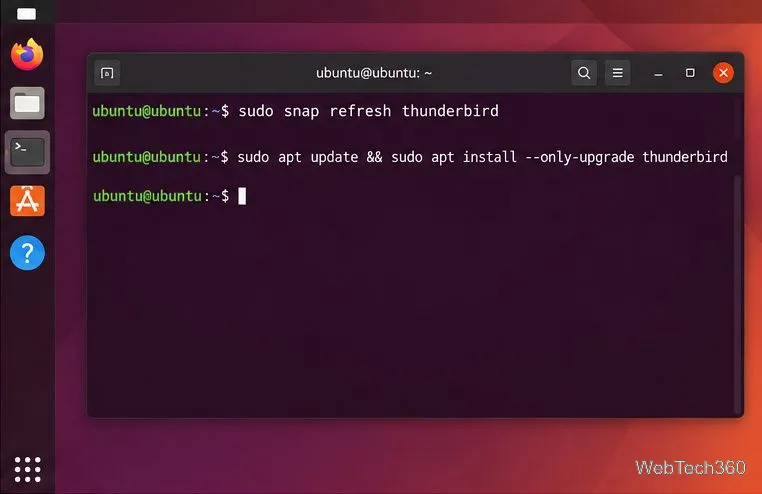 Le terminal Ubuntu affiche des commandes Snap et APT distinctes pour la mise à jour de Thunderbird.