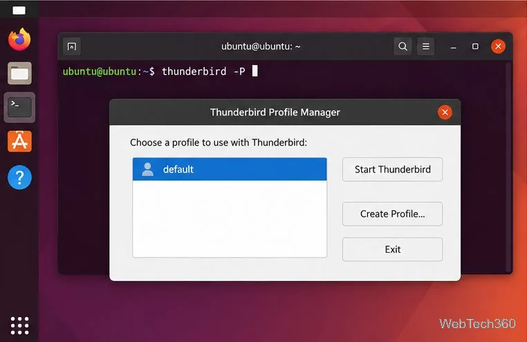 Le gestionnaire de profils Thunderbird est ouvert depuis un terminal Ubuntu, l'option « Créer un profil » est disponible et le profil existant est toujours affiché.
