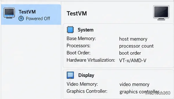 Illustrative VirtualBox VM summary showing hardware virtualization among the machine details