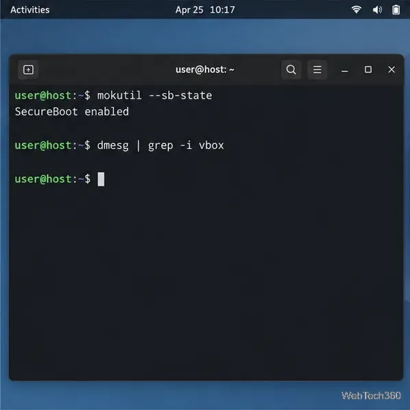Illustrative terminal checking Secure Boot state and searching kernel logs for VirtualBox module errors