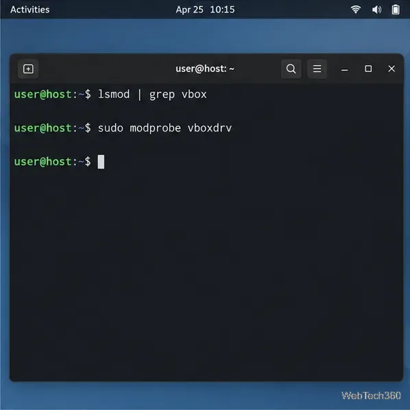 Illustrative terminal commands for checking loaded VirtualBox modules and loading vboxdrv