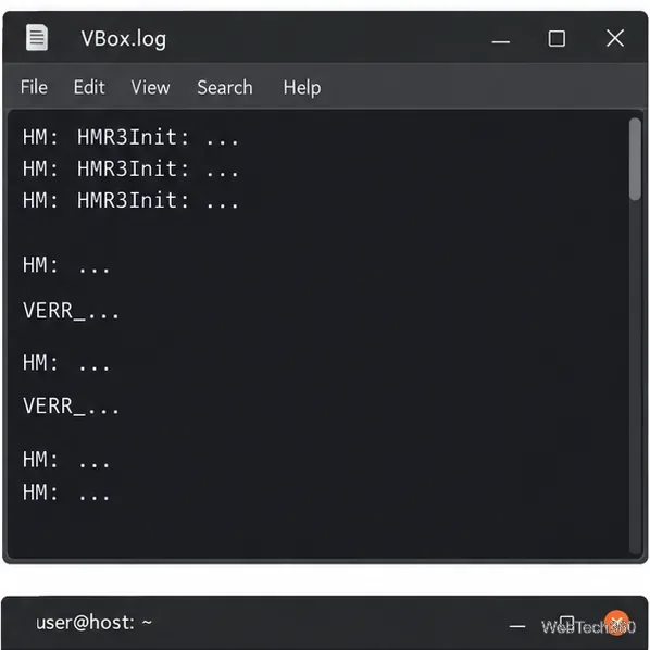 Illustrative VBox.log window with generic placeholder entries rather than a specific diagnosis