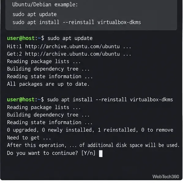 Illustrative Ubuntu and Debian package reinstall command for the VirtualBox DKMS module